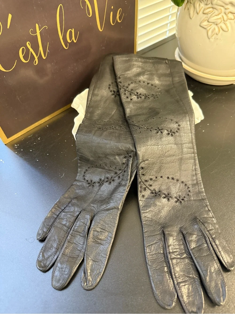 Vintage Black Leather Evening Women's Gloves w/ intricate floral cut-out design